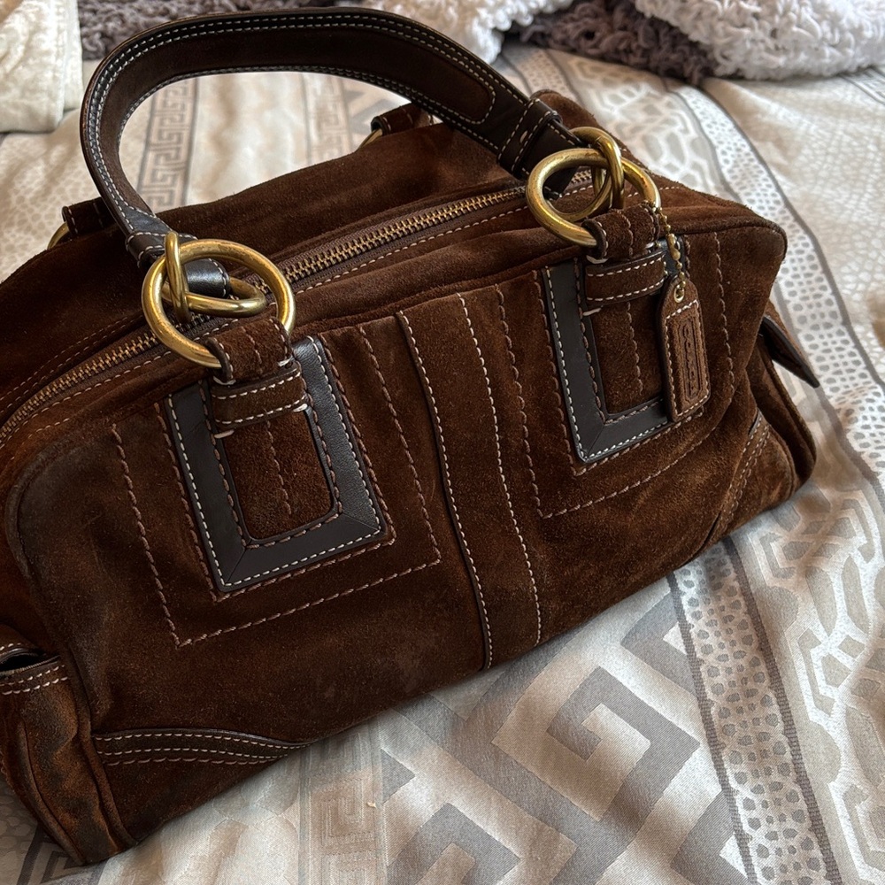 Coach Brown Suede Duffel Bag with Gold Accents